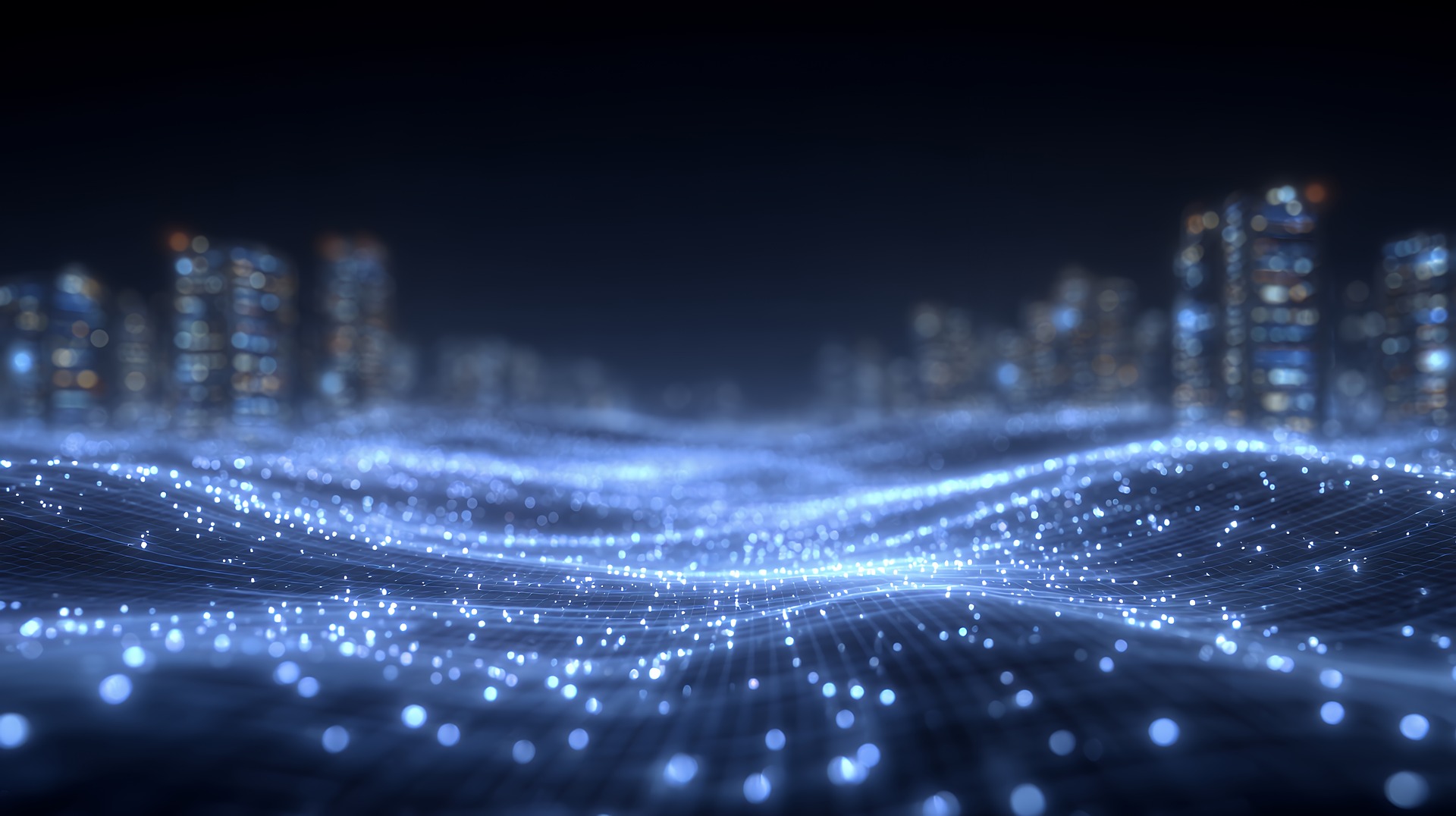 Vernetzte Datenströme über einer nächtlichen Stadt-Skyline
